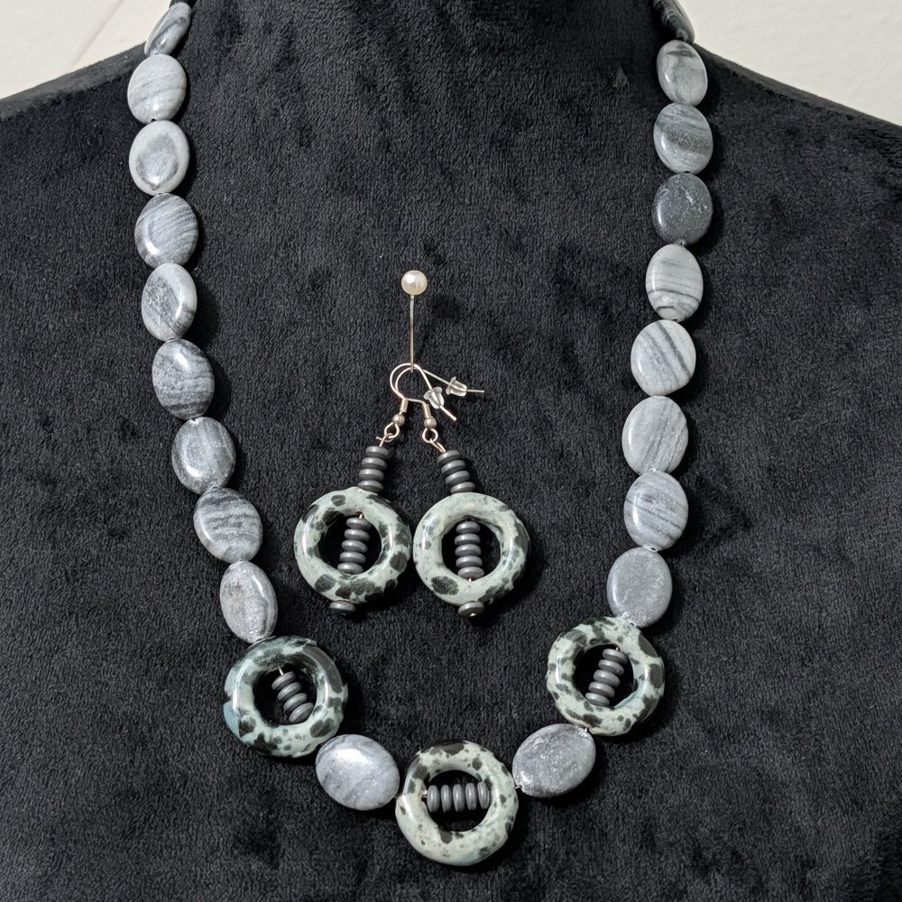 Artisan Dalmatian Jasper Donut & Botswana Agate Boho Necklace Earrings Set